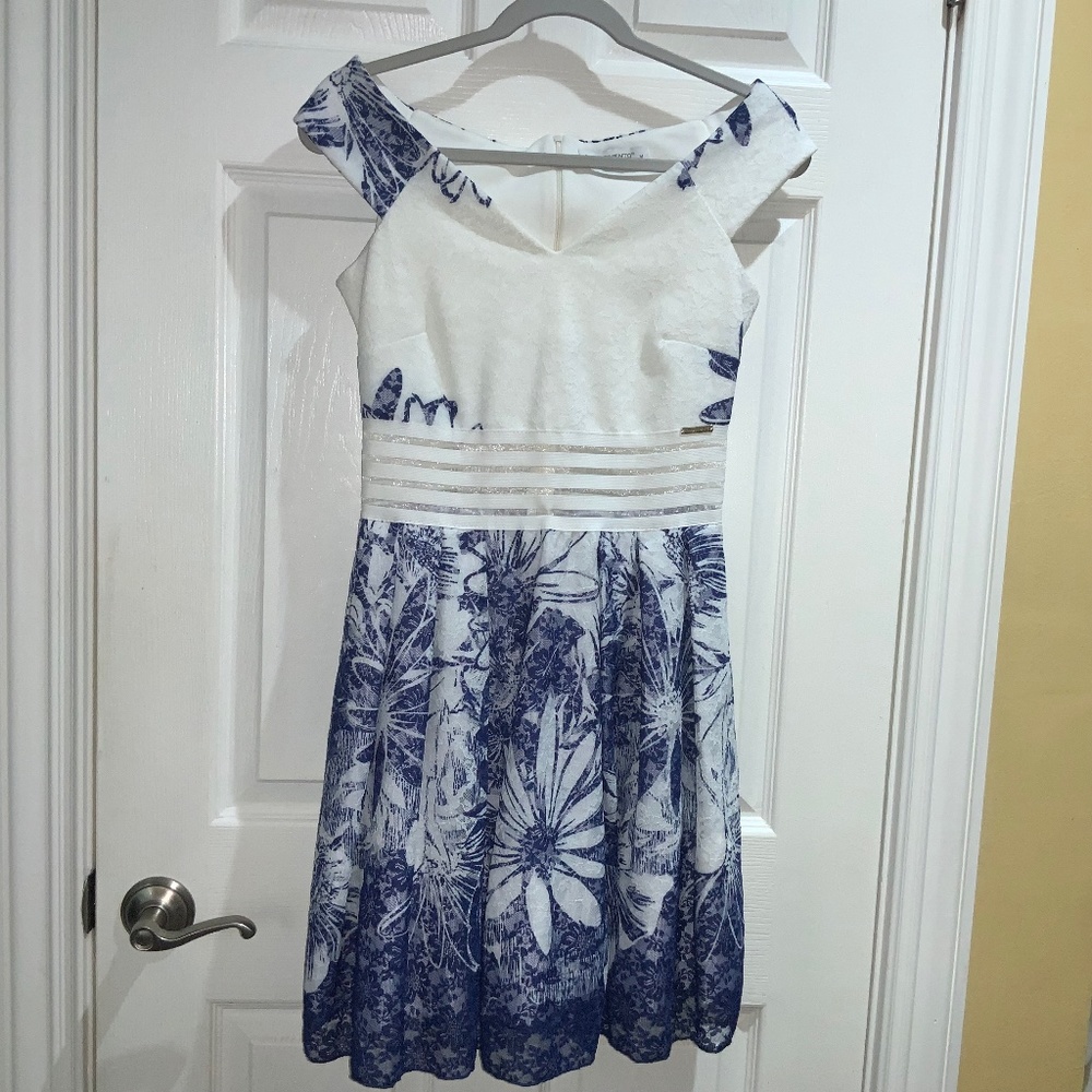 Rinascimento lace fit & flare dress Sz M Bardot neckline sheer waist Italy